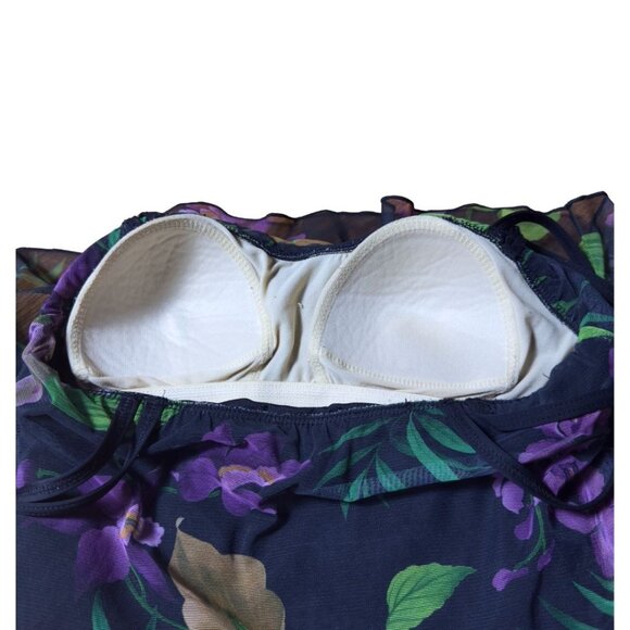 SOLD Vintage 90s Purple Floral Black One Piece Bathing Suit Mesh Swim Dress - Picture 6 of 10